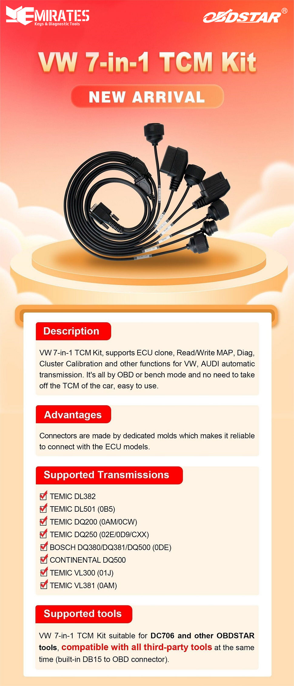 OBDstar VW 7-in-1 TCM Cable Kit Supports ECU Clone, Diagnostic And Other Functions For VW Automatic Transmission | Emirates Keys