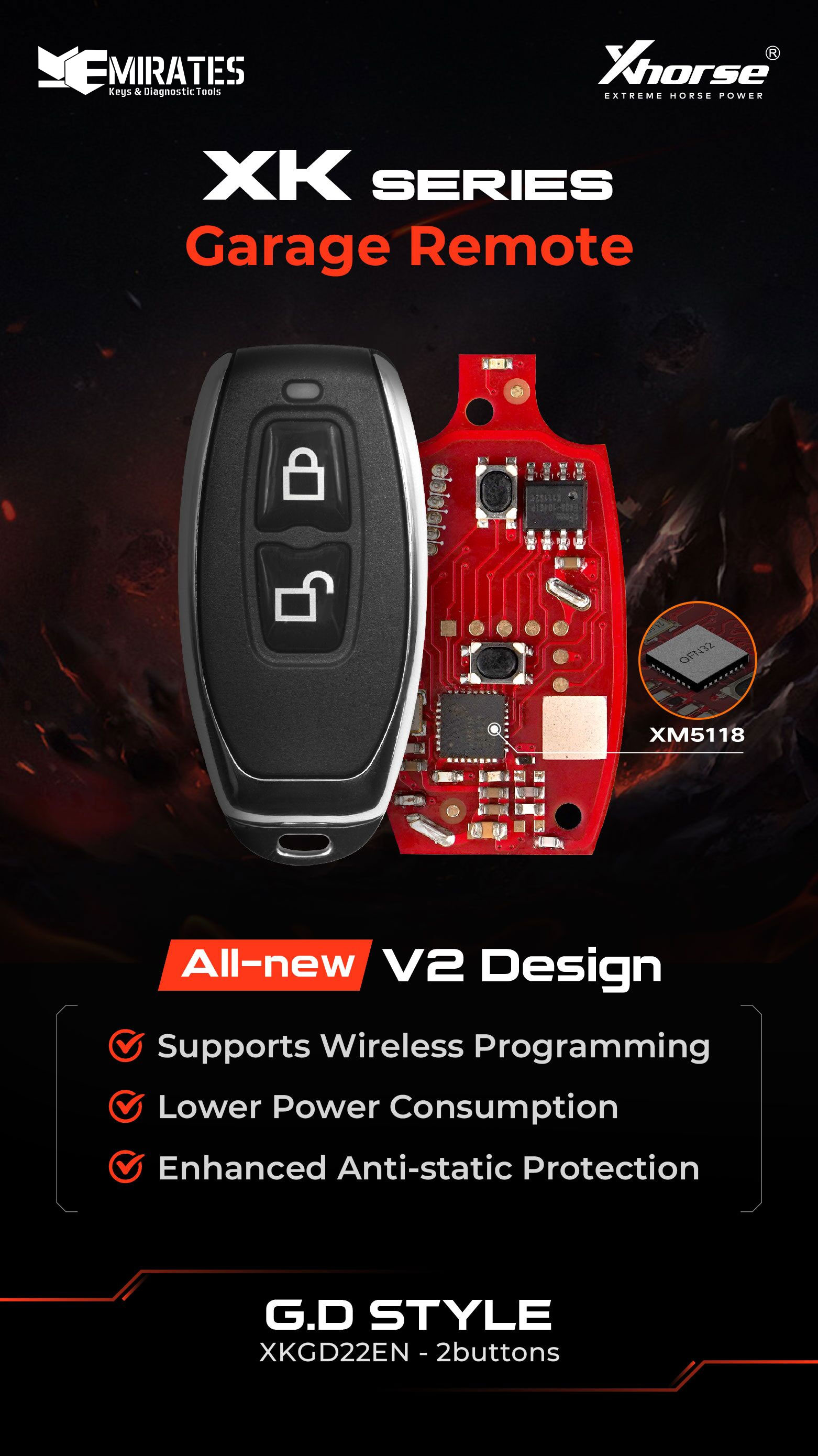 New Xhorse XKGD22EN Wire Garage Remote Key 2 Buttons 2nd Generation , Compatible with all the VVDI tools | Emirates Keys
