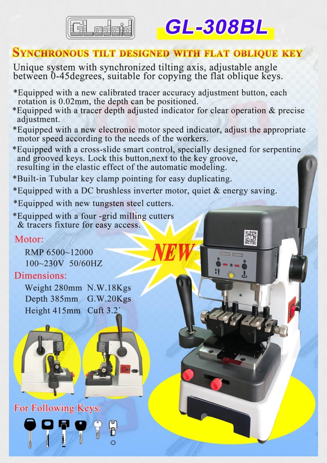GLADAID GL-308BL Taiwan Multi-Functional Key Cutting Machine djustable angle between 0-45 degrees, suitable for copying the flat oblique keys