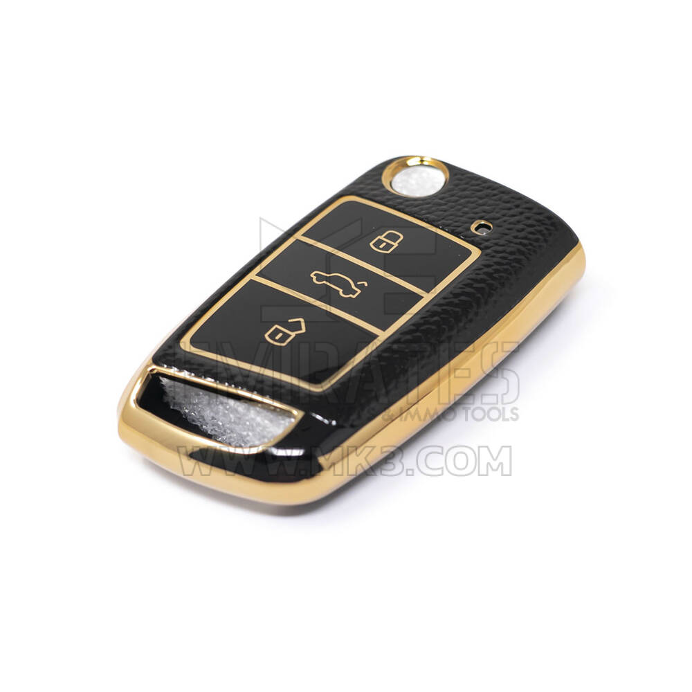 Nueva Funda de cuero dorado Nano de alta calidad para Volkswagen, llave remota abatible, 3 botones, Color negro, VW-E13J | Cayos de los Emiratos