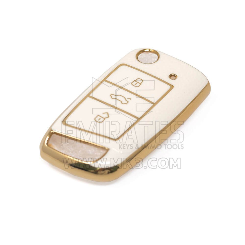 Novo aftermarket nano capa de couro dourado de alta qualidade para volkswagen flip remoto chave 3 botões cor branca VW-E13J Chaves dos Emirados