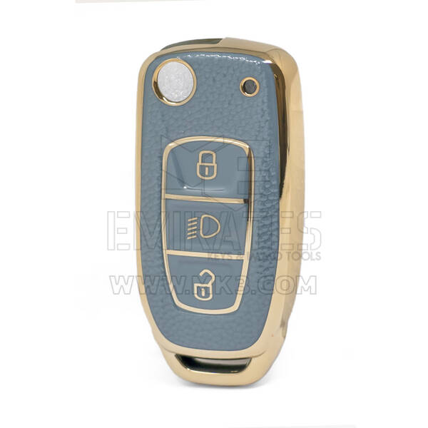 Nano High Quality Gold Leather Cover For TATA Remote Key 3 Buttons Gray Color TATA-B13J