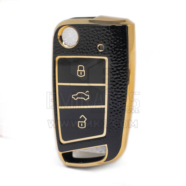 Nano Funda de cuero dorado de alta calidad para llave remota abatible de Volkswagen, 3 botones, Color negro, VW-E13J