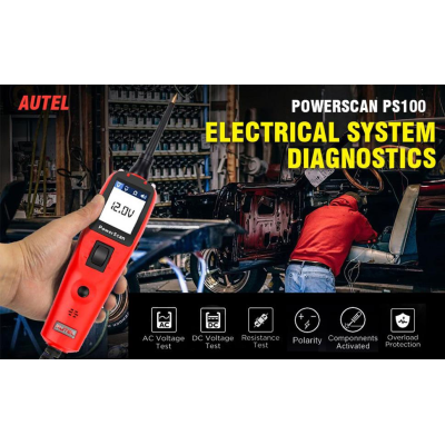 Autel PowerScan PS100 Tester per circuiti automobilistici Strumento di diagnosi del sistema elettrico Tester di tensione per circuiti automobilistici Supporto per voltmetro digitale Lettura di tensione, corrente e resistenza