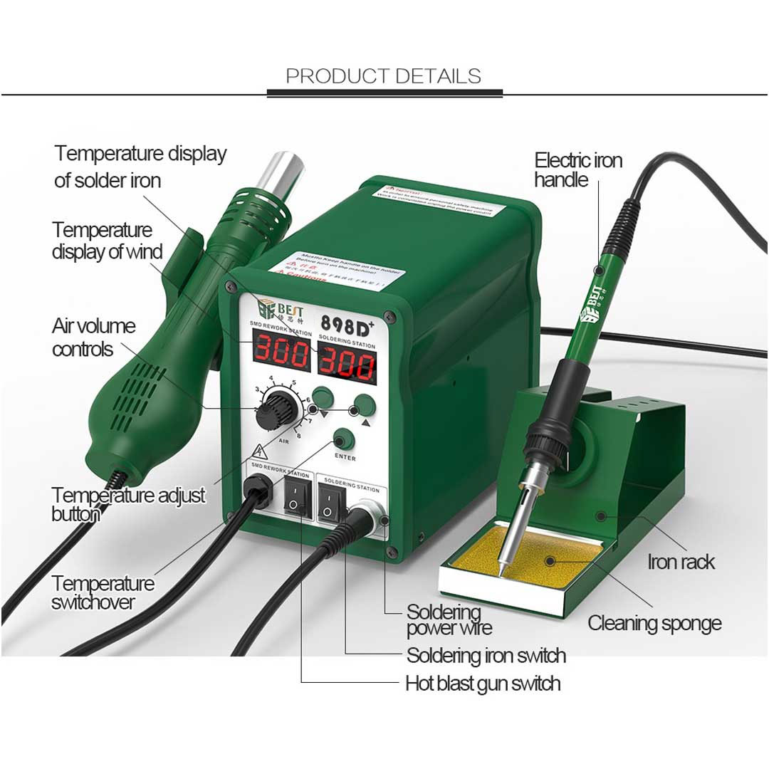 BST-898D 2 In 1 SMD Rework Station  Hot Air Gun Soldering Station Welding Solder Iron For IC SMD DE soldering Rework station 220v  | Emirates Keys