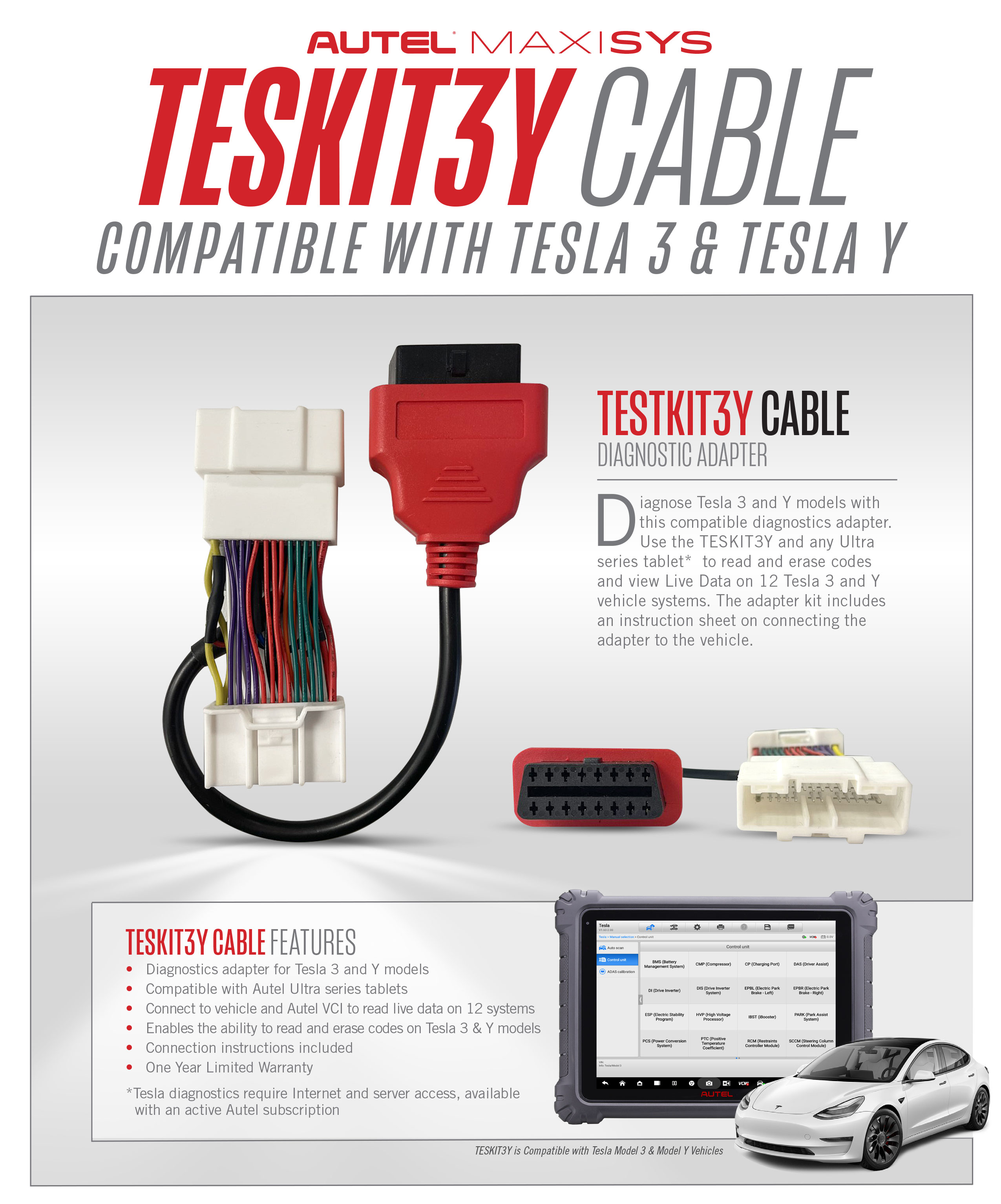 Nuevo adaptador de cable de diagnóstico compatible con vehículos Autel Tesla 3 e Y Modelo Conéctese al vehículo y a Autel VCI para leer datos en vivo en 12 sistemas -Permite la capacidad de leer y borrar códigos | Cayos de los Emiratos