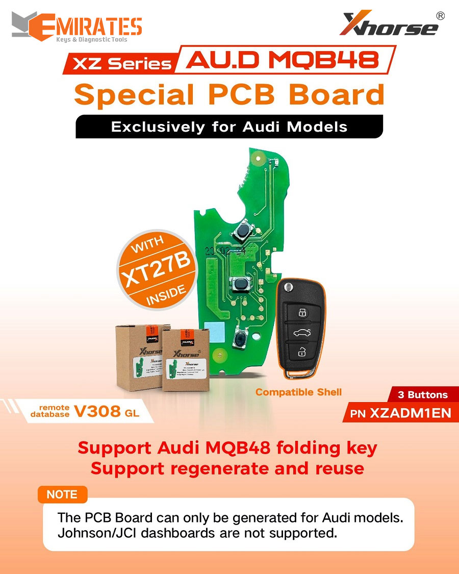 Nova placa PCB especial Xhorse XZADM1EN com chip XT27B 3 botões exclusivamente para modelos Audi MQB48 | Chaves dos Emirados