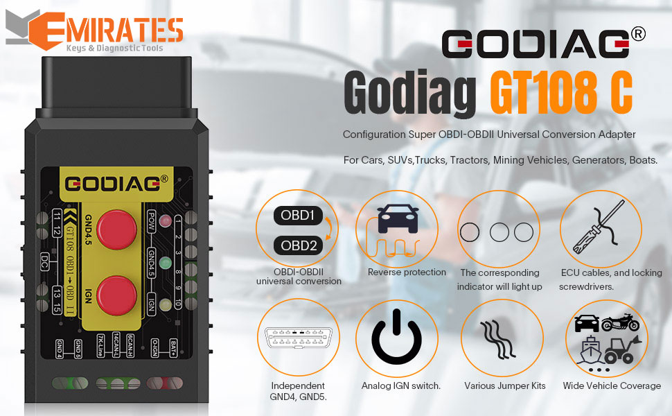 GODIAG GT108 C Configurazione Super OBDI-OBDII Adattatore di conversione universale per auto, SUV, camion, trattori, veicoli minerari, generatori, barche, motociclette