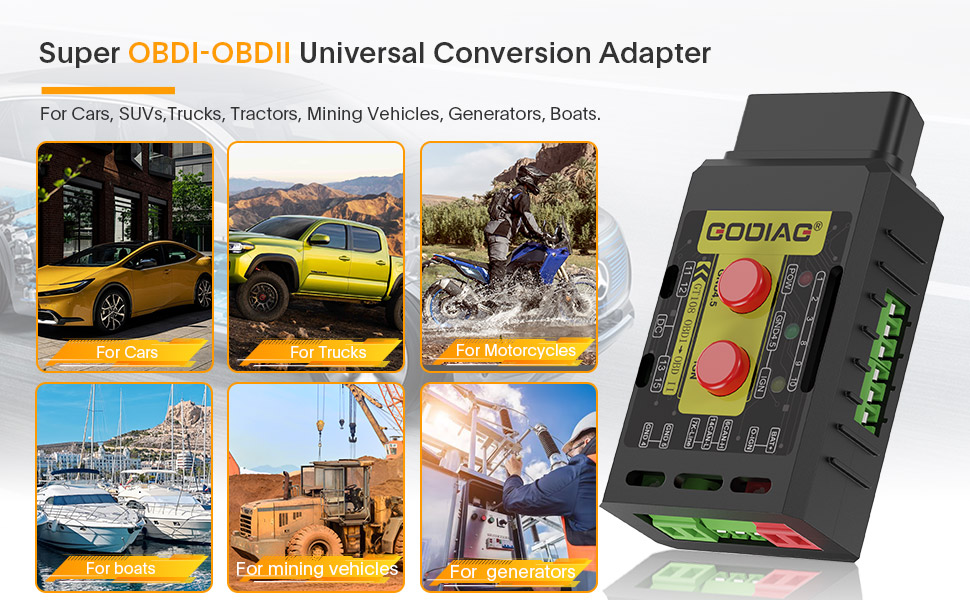 GODIAG GT108 C Configuration Super OBDI-OBDII Adaptateur de conversion universel pour voitures, SUV, camions, tracteurs, véhicules miniers, générateurs, bateaux, motos