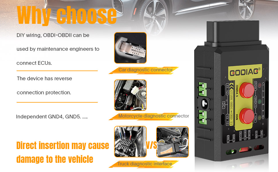 GODIAG GT108 C Configuração Super OBDI-OBDII Adaptador de conversão universal para carros, SUVs, caminhões, tratores, veículos de mineração, geradores, barcos, motocicletas