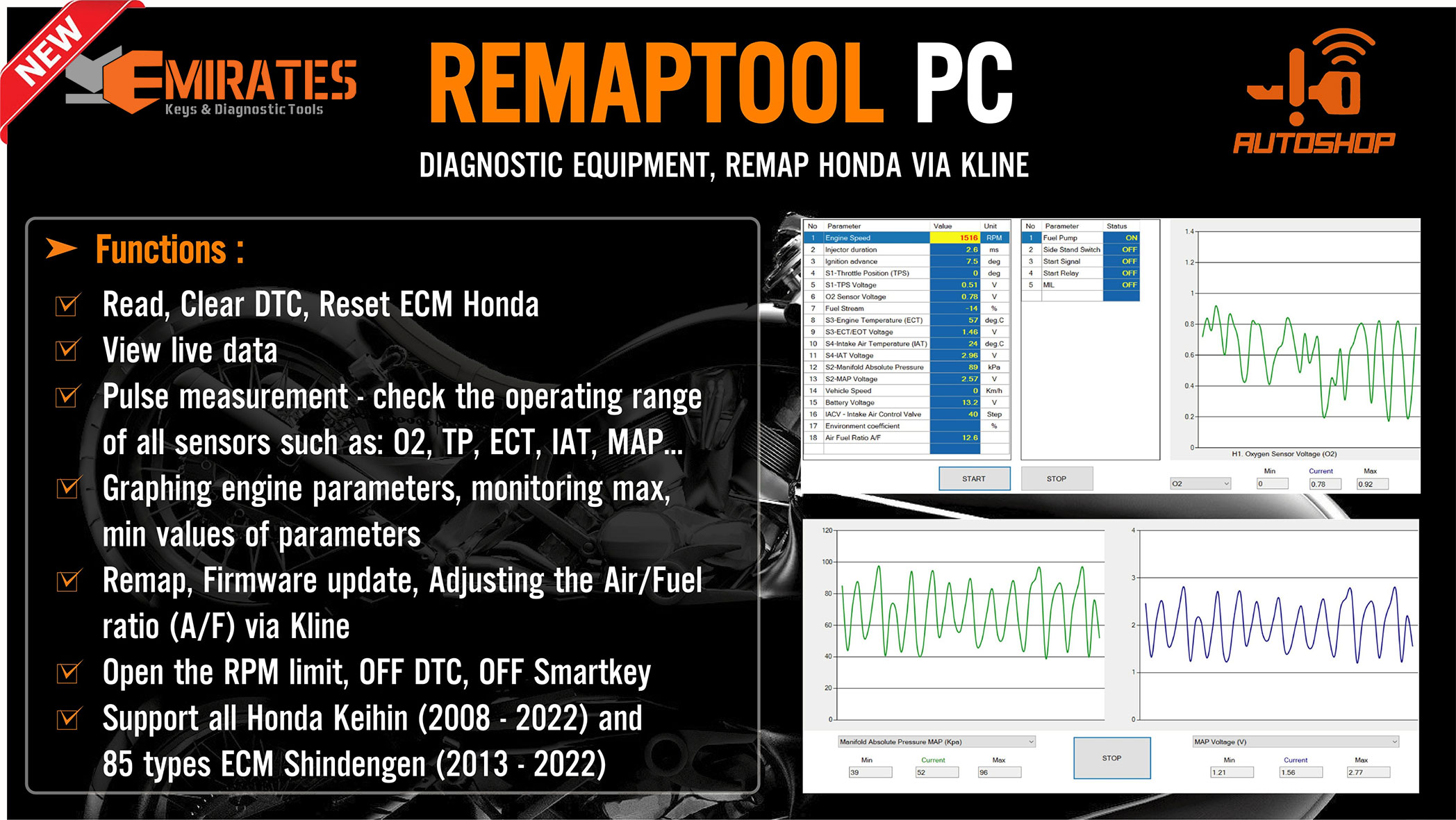 Nouveau REMAPTOOL PC - Remappage de tous les ECU Honda Shindengen et Keihin via Kline (remappage, réglage avec ECU Keihin, Shindengen) | Clés des Émirats