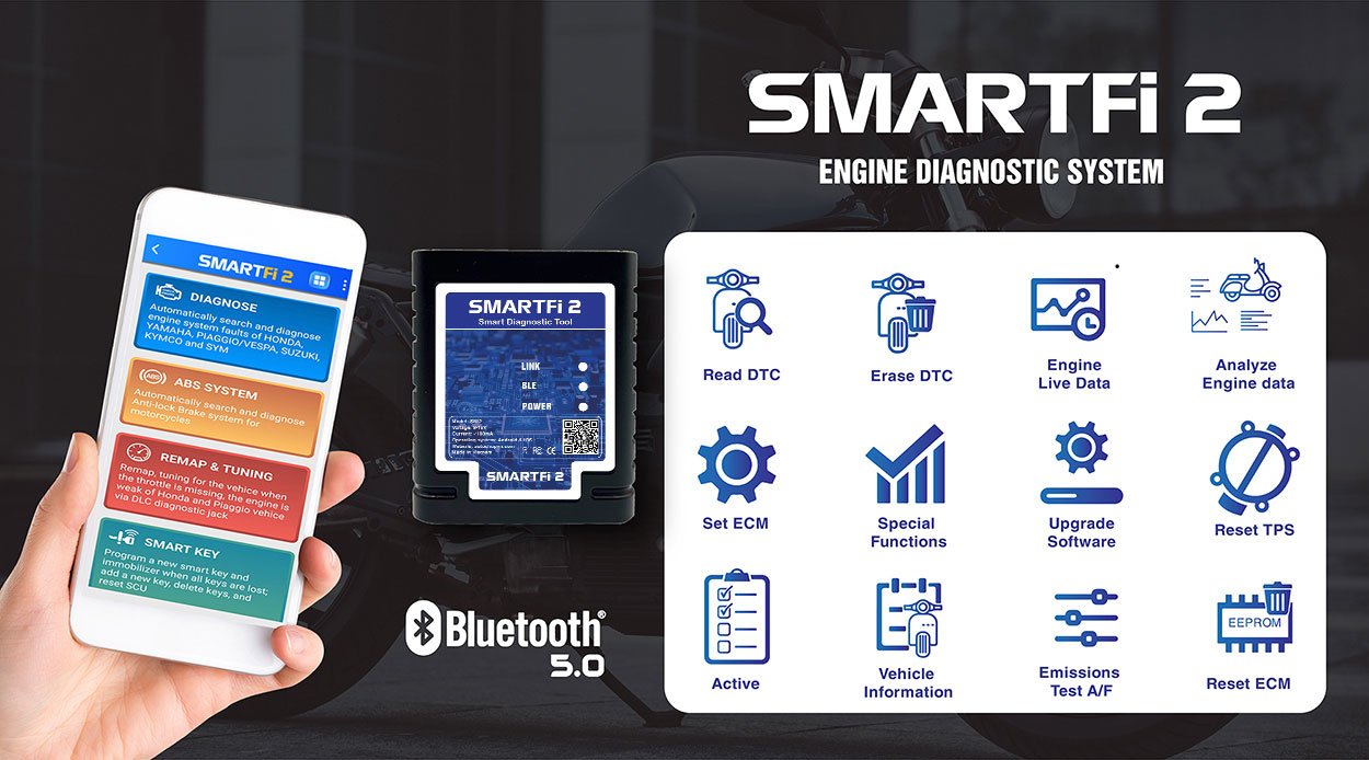 Herramienta de diagnóstico inteligente AutoShop SmartFi 2B para motocicletas y motos que utiliza tecnología Bluetooth 5.0 | Emirates Keys