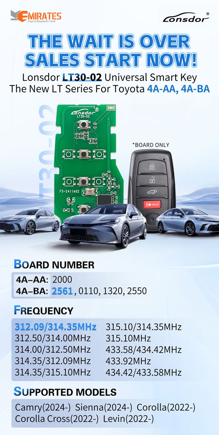 Novo Lonsdor LT30-02 2022-2024 Toyota 4A-AA / 4A-BA Universal Smart Remote PCB para Toyota Camry Sienna Corolla Corolla Cross Levin | Chaves Emirates