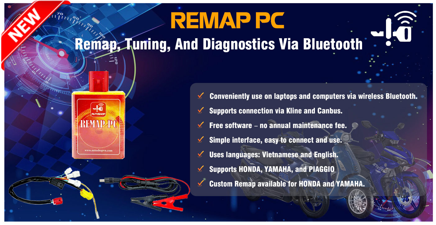 Novo AutoShop REMAPTOOL PC Nova versão do dispositivo de remapeamento e ajuste via Bluetooth para motocicletas das marcas HONDA, YAMAHA e PIAGGIO/VESPA | Chaves Emirates