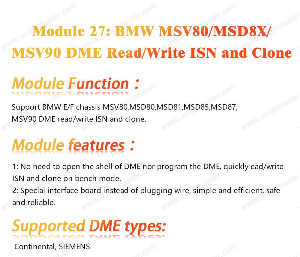 Yeni Yanhua ACDP Seti Modülü 27 BMW MSV80/MSD8X/MSV90 DME Okuma/Yazma ISN ve Klonlama Desteklenen DME Türleri: Continental, SIEMENS | Emirates Anahtarları